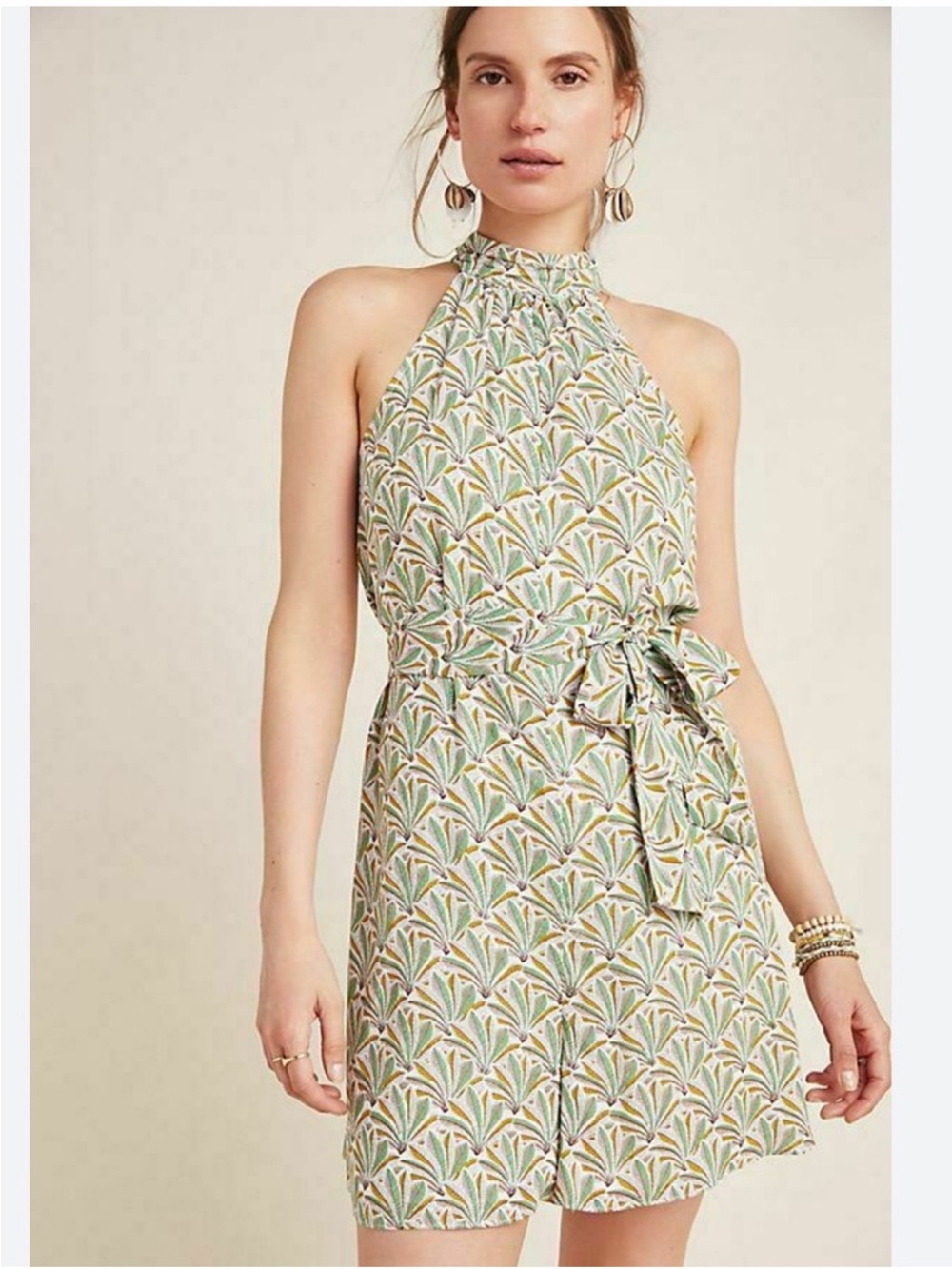 Anthropologie maggie high neck tropical print belted romper